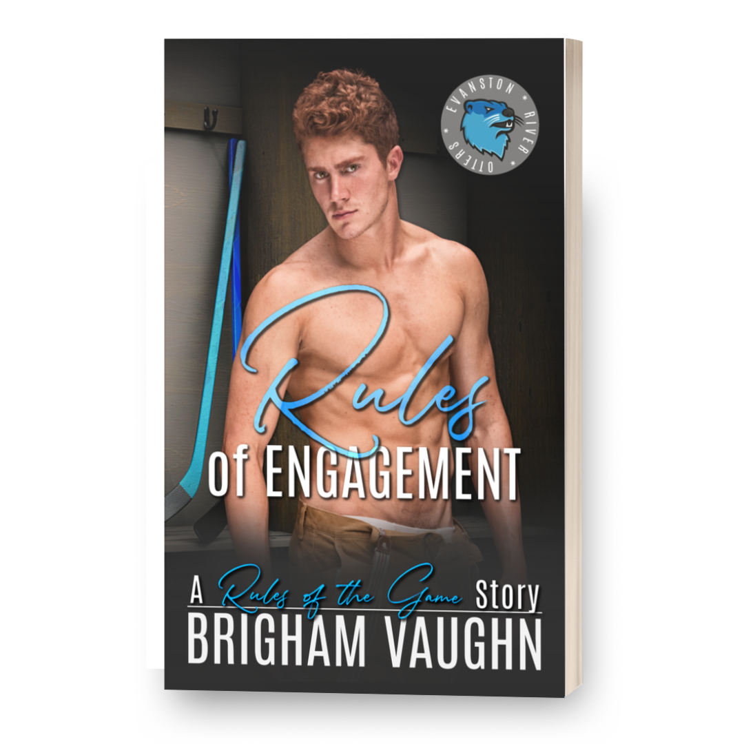 Paperback book cover of 'Rules of Engagement' by Brigham Vaughn featuring a shirtless read haired man. Hockey sticks in the background. 