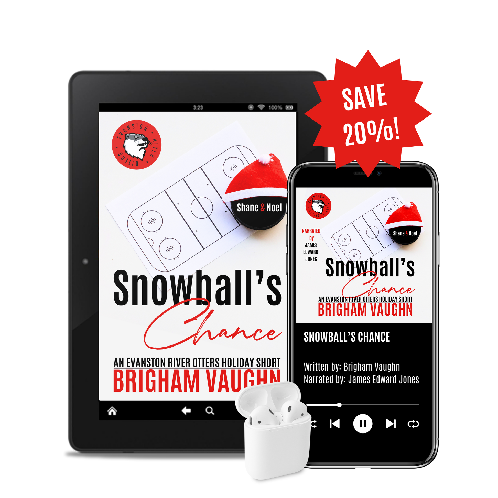 Digital download of 'Snowball's Chance' on tablet and phone with promotional text. Save 20%
