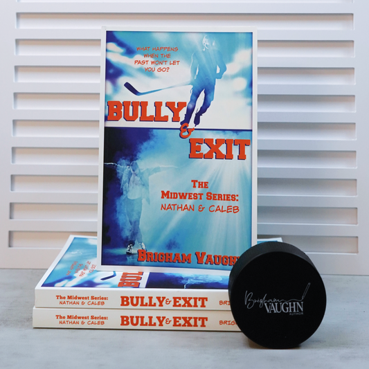 Stack of books titled 'Bully & Exit' by Brigham Vaughn with a branded puck on a light background.
