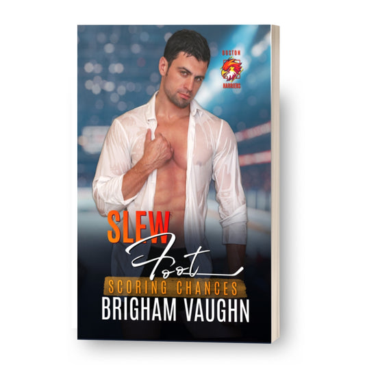 Mockup of signed paperback book cover featuring a man with an open shirt against a blurred background. 