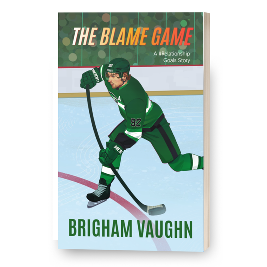 3D Mockup of signed illustrated special edition paperback book cover of 'The Blame Game' by Brigham Vaughn with a hockey player on a white background