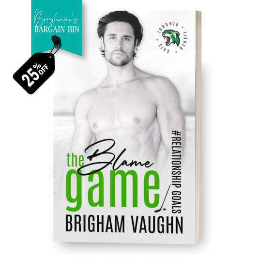 3d mockup of signed paperback book 'The Blame Game' by Brigham Vaughn. Featuring shirtless white man with chin length dark hair and a goatee against white background