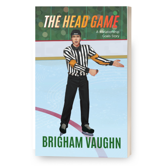 3D Mockup of illustrated signed special edition paperback book cover of 'The Head Game' by Brigham Vaughn with a hockey player on a white background
