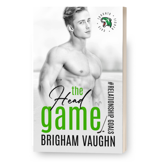 Signed paperback of The Head Game by Brigham Vaughn. Blond shirtless man with tattoos and an earring against a white background