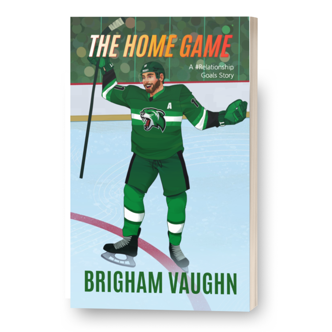 3D Mockup of illustrated signed special edition paperback book cover of 'The Home Game' by Brigham Vaughn with a hockey player on a white background