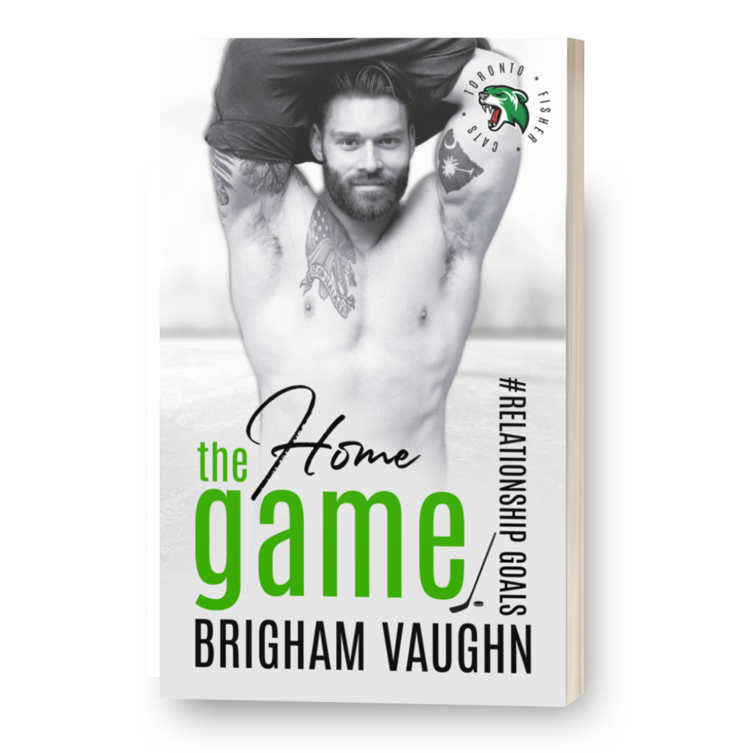 3d mockup of signed paperback book 'The Home Game' by Brigham Vaughn. Cover features a shirtless bearded white man with tattoos against a white background