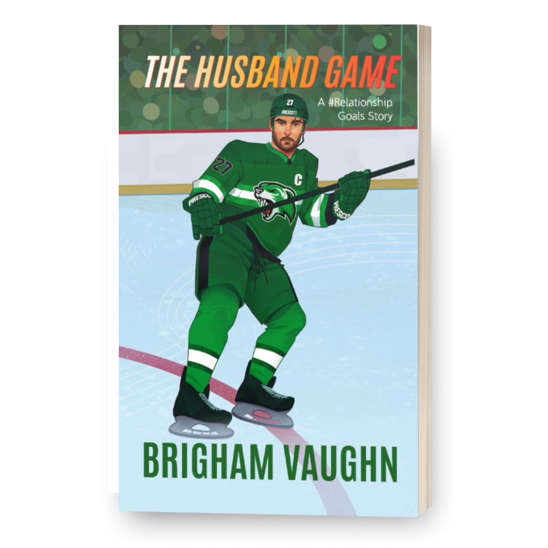 3D Mockup of illustrated signed special edition paperback book cover of 'The Home Game' by Brigham Vaughn with a hockey player on a white background