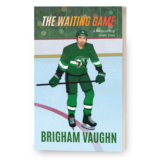 3D Mockup of illustrated signed special edition paperback book cover of 'The Waiting Game' by Brigham Vaughn with a hockey player on a white background
