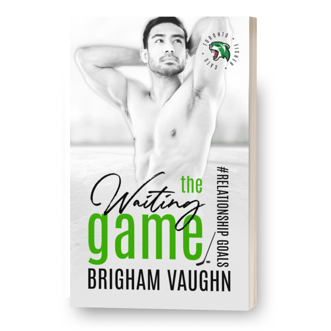 Signed paperback book 'The Waiting Game' by Brigham Vaughn. Handsome, shirtless Asian man on white background