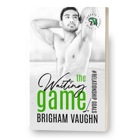 Signed paperback book 'The Waiting Game' by Brigham Vaughn. Handsome, shirtless Asian man on white background