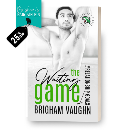 3d cover image of signed paperback book 'The Waiting Game' by Brigham Vaughn featuring shirtless handsome Asian man against a white background. Tag saying 25% off