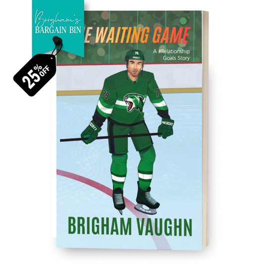 3d Mockup of illustrated signed special edition paperback book 'The Waiting Game' by Brigham Vaughn. Cover featuring a handsome Asian hockey player wearing a green uniform