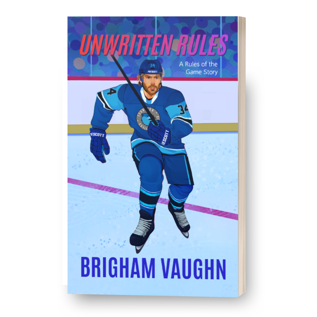 3D Mockup of illustrated signed special edition paperback book cover of 'Unwritten Rules' by Brigham Vaughn with a hockey player on a white background