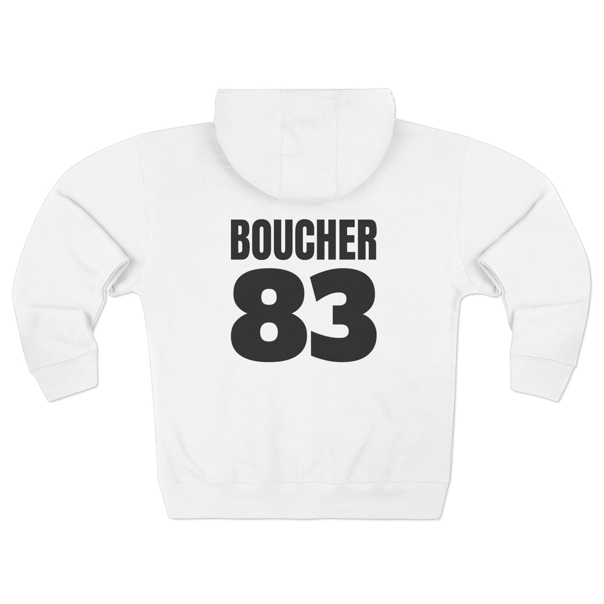 Back of white Noah Boucher Toronto Fisher Cats Zip Hoodie with black text saying Boucher 83