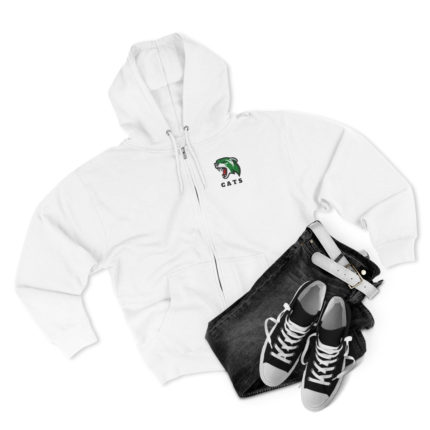 White Noah Boucher Toronto Fisher Cats Zip Hoodie with grey jeans and black Chuck Taylor shoes