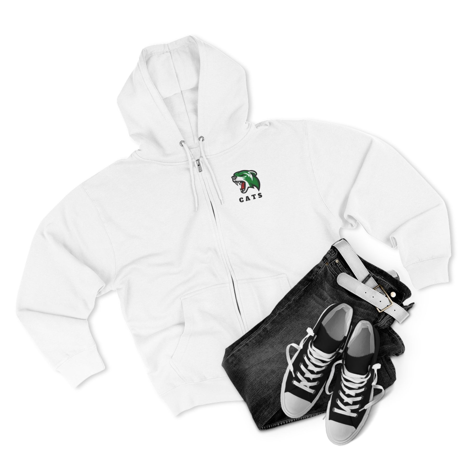 White Noah Boucher Toronto Fisher Cats Zip Hoodie with grey jeans and black Chuck Taylor shoes